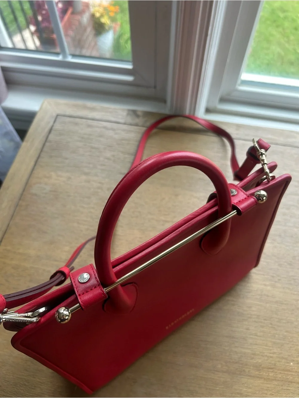 Strathberry Midi Tote Red Leather with Gold Accents